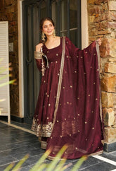 Attractive Maroon Silk Sequence Work Designer Gown